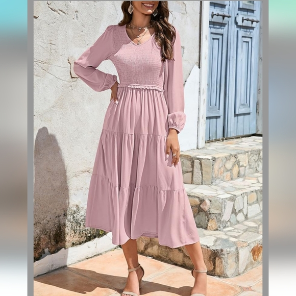 MEROKEETY Women's Long Sleeve Smocked V-neck High Waist Ruffle Tier Midi Dress - Picture 15 of 15